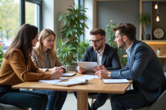 Quatre professionnels en réunion dans un bureau moderne