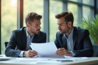 Deux professionnels au bureau en train de lire des documents