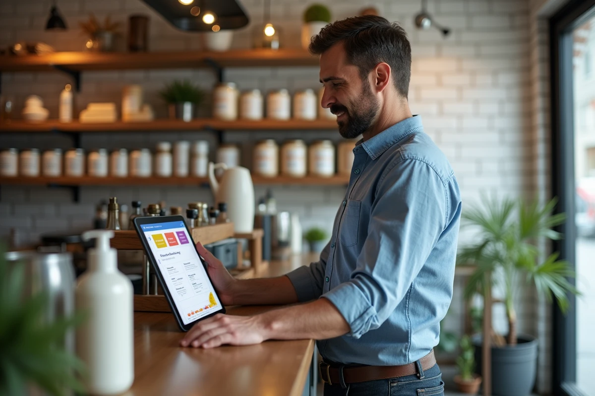Propriétaire d'un commerce local consultant un tableau de bord de digitalisation sur une tablette dans sa boutique artisanale