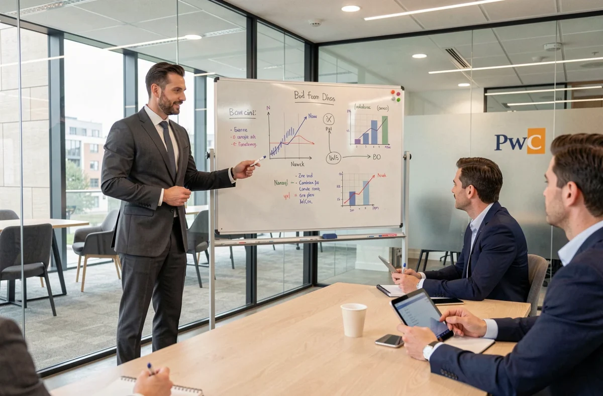 Consultant expert-comptable de PwC Nancy présentant une analyse financière à ses collègues dans une salle de réunion moderne