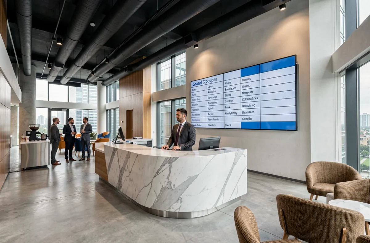 Accueil d'un espace de coworking haut de gamme au pied d'une tour de La Défense