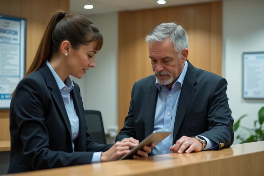 Réceptionniste femme aidant un homme dans un bureau moderne