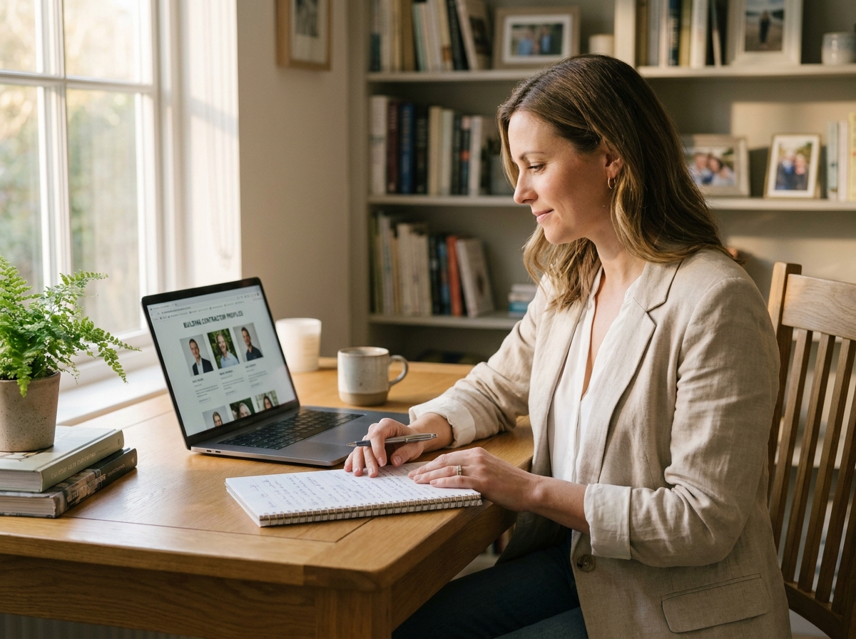 Femme recherchant des professionnels du bâtiment sur un site web spécialisé depuis son bureau à domicile