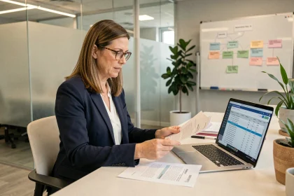 Recruteuse professionnelle consultant des fiches ROME sur son bureau dans un open space RH moderne