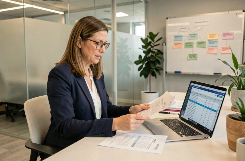 Recruteuse professionnelle consultant des fiches ROME sur son bureau dans un open space RH moderne
