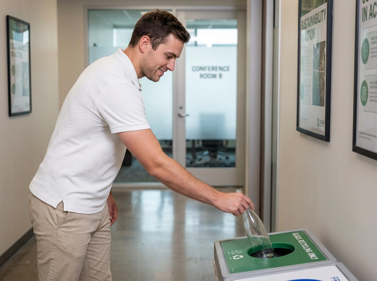 Employé déposant une bouteille en verre dans un bac de recyclage dans un couloir de bureau d'entreprise