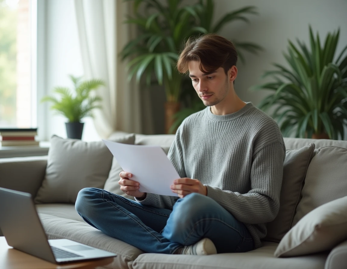 Personne relisant une lettre de motivation manuscrite sur un canapé lors d'une reconversion professionnelle