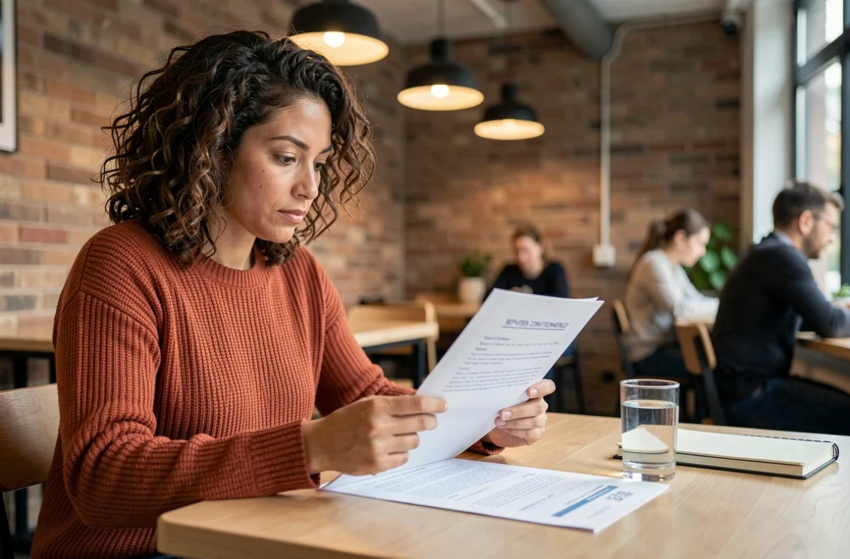 Jeune femme relisant les documents de sa rupture conventionnelle dans un espace de coworking pour préparer sa reconversion