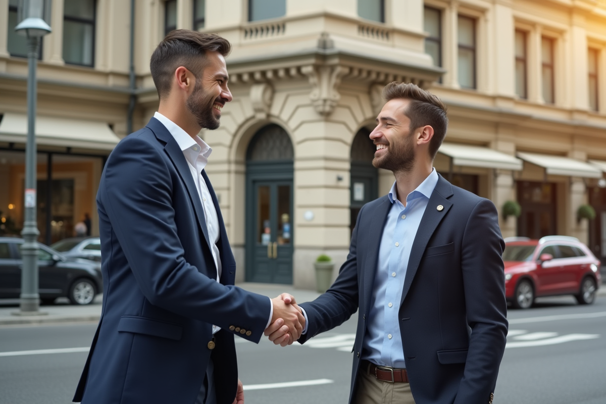 Agent immobilier souriant serrant la main d un client en ville