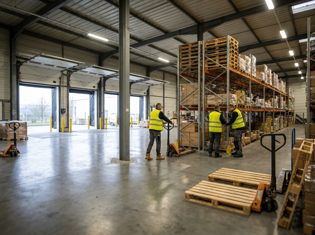 Deux agents logistiques réorganisant des rayonnages métalliques dans un entrepôt bordelais