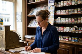 Femme reprenant un bureau de tabac, étudiant des documents administratifs derrière le comptoir d'un débit de tabac traditionnel