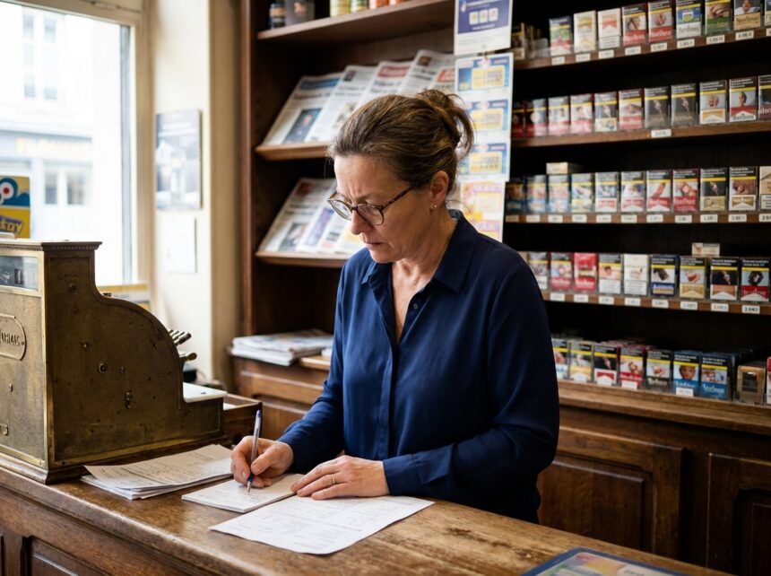Femme reprenant un bureau de tabac, étudiant des documents administratifs derrière le comptoir d'un débit de tabac traditionnel