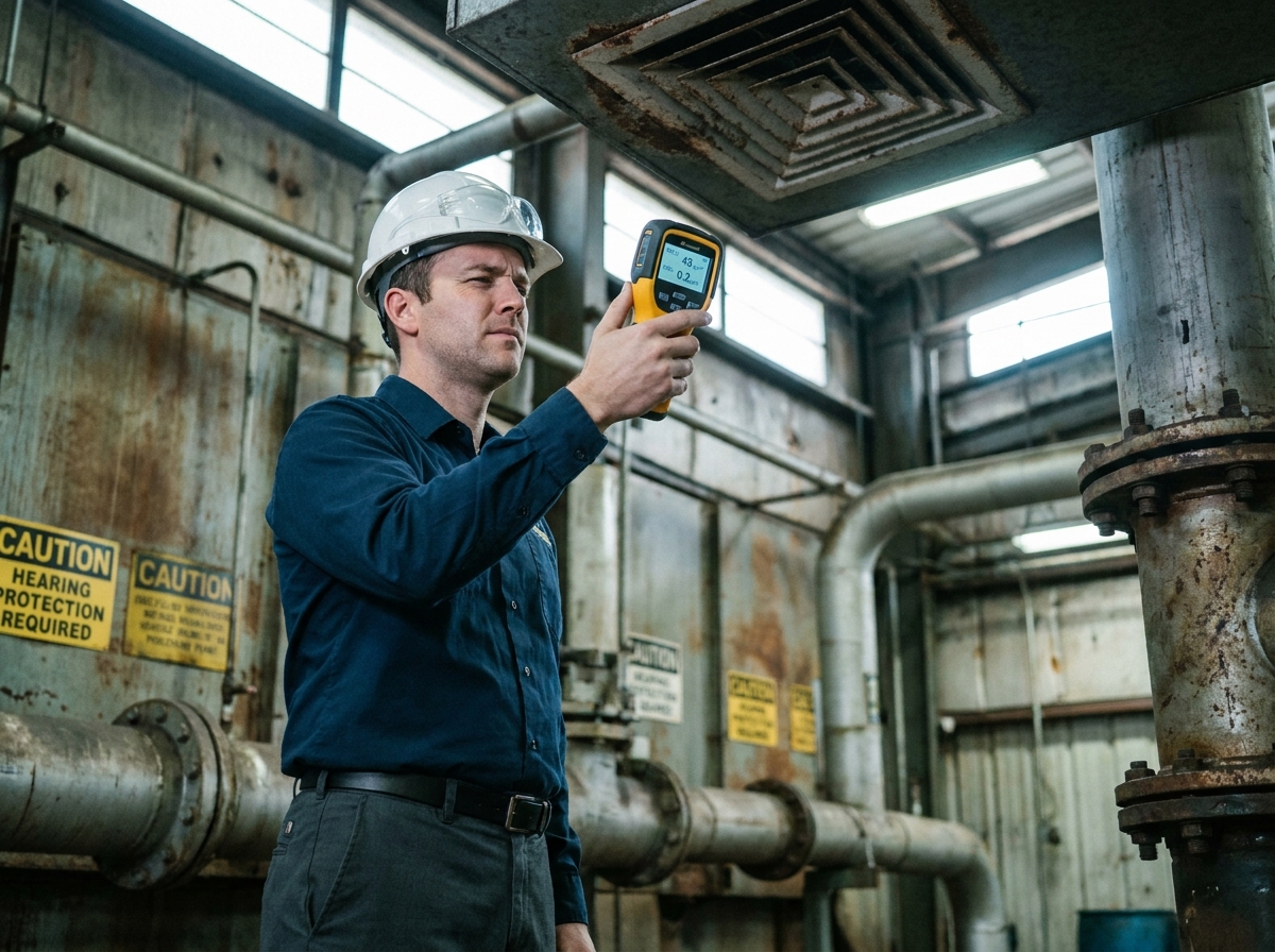 Responsable HSE mesurant la qualité de l'air avec un capteur portable dans une installation sidérurgique