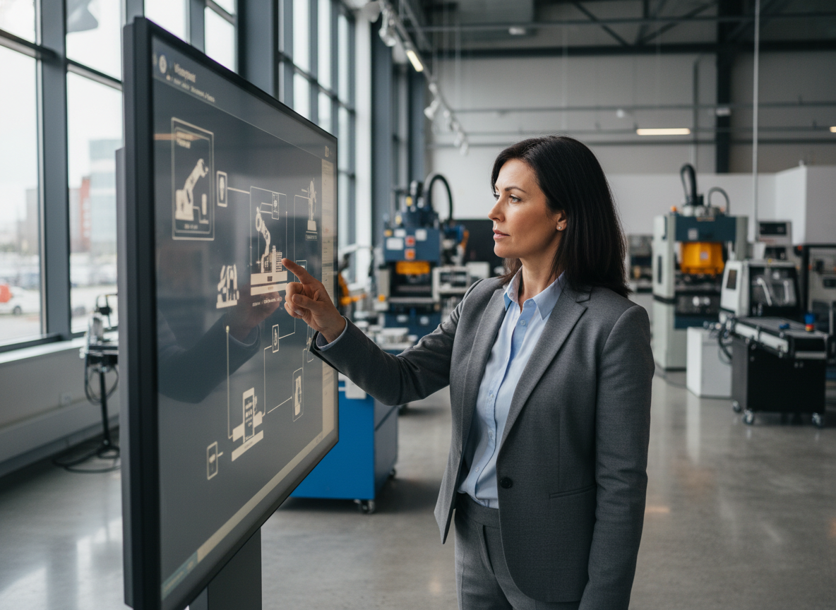 Responsable industrielle ajustant un plan sur écran tactile