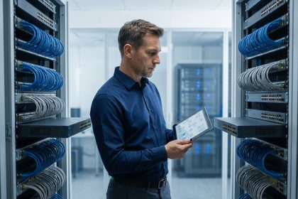 Responsable informatique comparant des équipements réseau standardisés dans une salle de serveurs d'entreprise multisite
