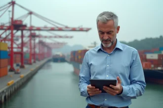 Manager logistique au port avec tablette et containers