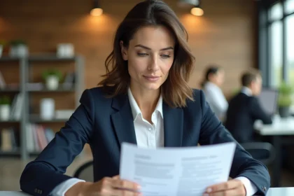 Responsable RH analysant un CV lors d'un entretien de recrutement dans un bureau moderne et collaboratif