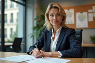 Responsable RSE d'une agence d'assurance en Aquitaine consultant des documents sur la politique de responsabilité sociale de l'entreprise
