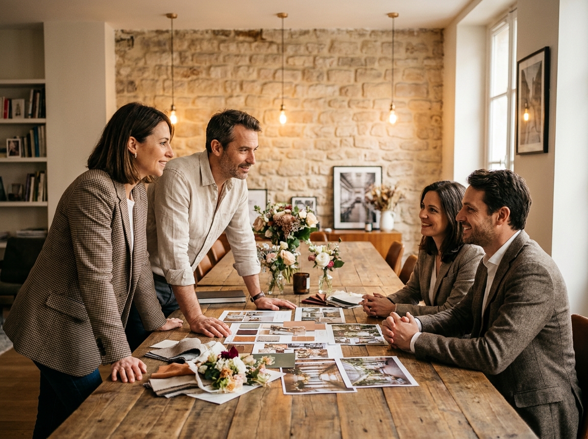Réunion de planification entre une équipe d'agence événementielle et des clients dans un bureau parisien au style contemporain