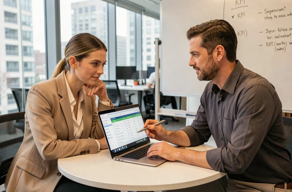 Deux commerciaux en réunion analysant ensemble les indicateurs de performance de prospection sur un ordinateur portable