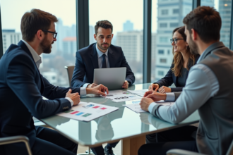 Groupe de professionnels discutant autour d'une table avec B2B