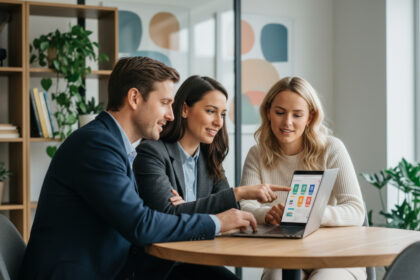 Trois professionnels discutent autour d'un ordinateur en bureau moderne