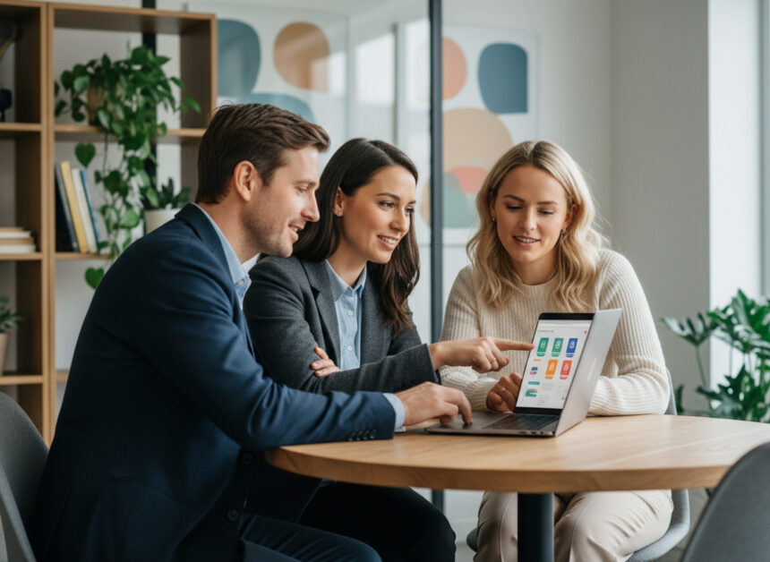 Trois professionnels discutent autour d'un ordinateur en bureau moderne