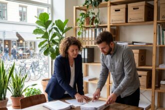 Femme et jeune homme discutant de documents dans un bureau moderne