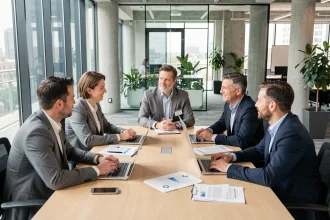 Groupe d'employés réunis autour d'une table de réunion pour discuter des avantages salariaux et du comité d'entreprise