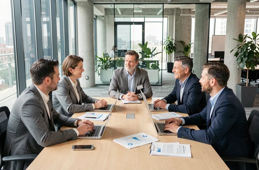 Groupe d'employés réunis autour d'une table de réunion pour discuter des avantages salariaux et du comité d'entreprise