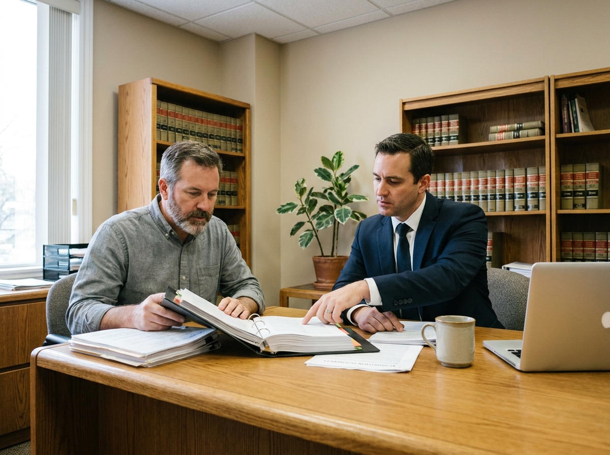 Repreneur d'un bureau de tabac en réunion avec un conseiller commercial, examinant un dossier de cession d'entreprise