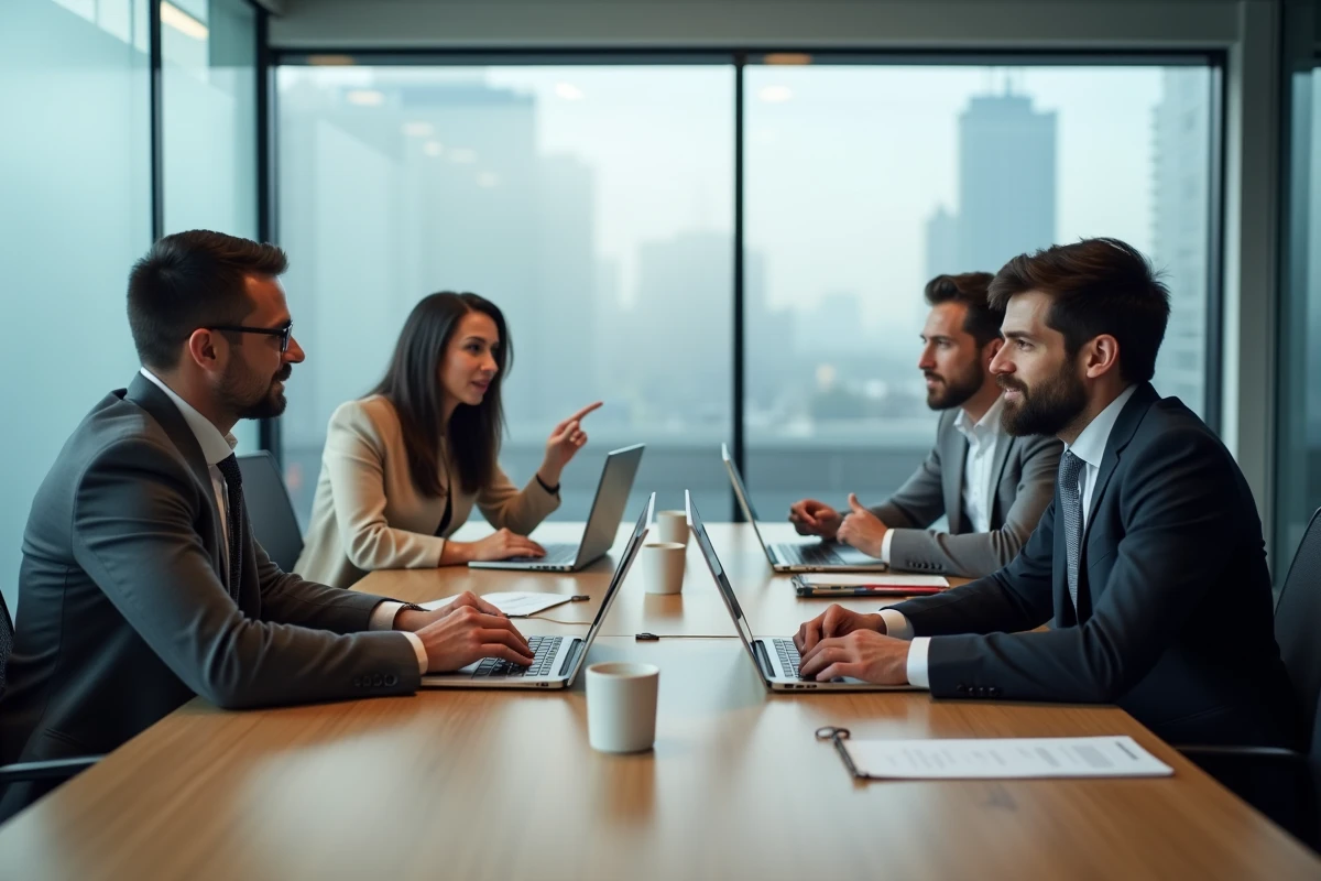 Équipe de professionnels en réunion pour choisir entre deux solutions logicielles de planification RH