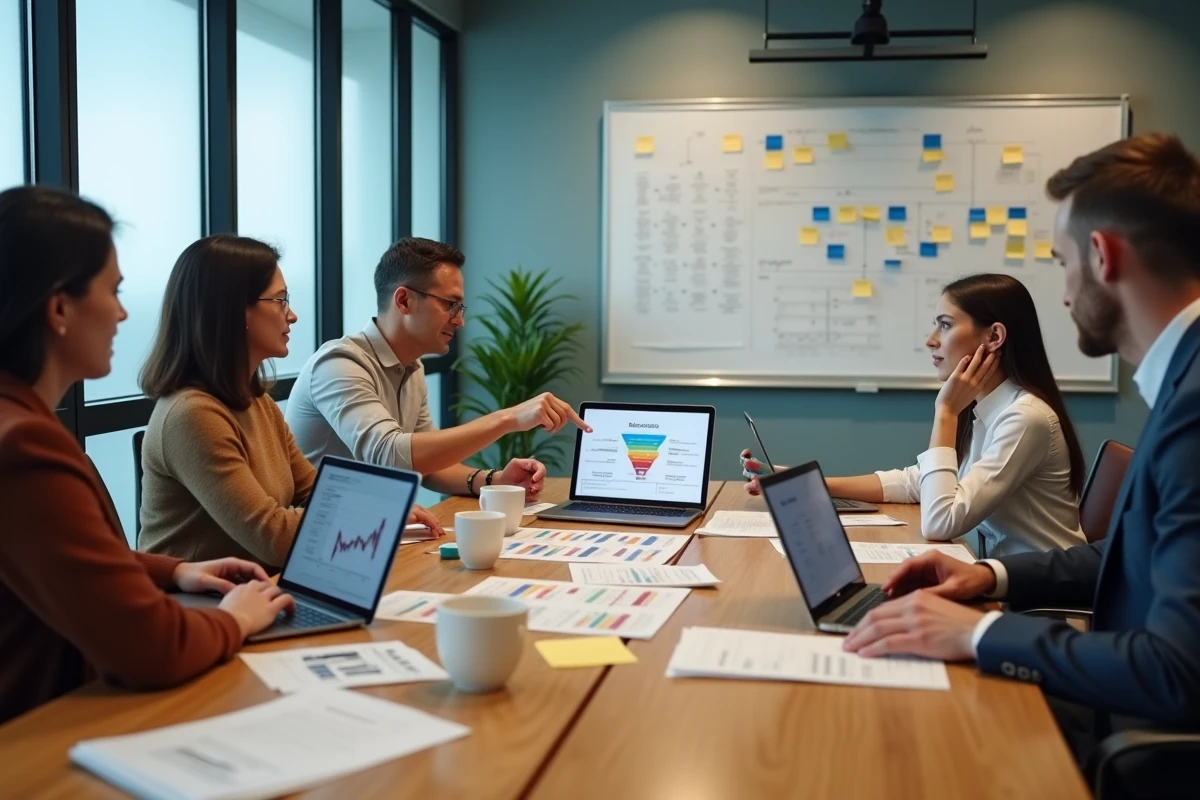Équipe de professionnels en réunion pour intégrer une solution digitale dans leur stratégie d'entreprise