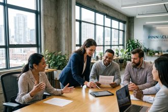 Équipe de professionnels diversifiés en réunion collaborative autour d'une table de conférence moderne, illustrant la marque employeur et la cohésion d'entreprise