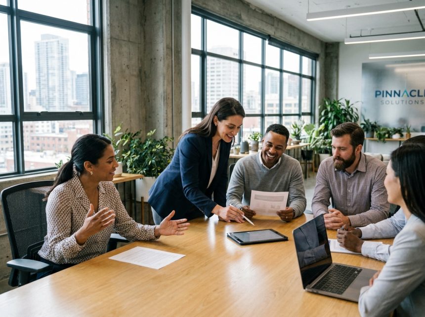 Équipe de professionnels diversifiés en réunion collaborative autour d'une table de conférence moderne, illustrant la marque employeur et la cohésion d'entreprise