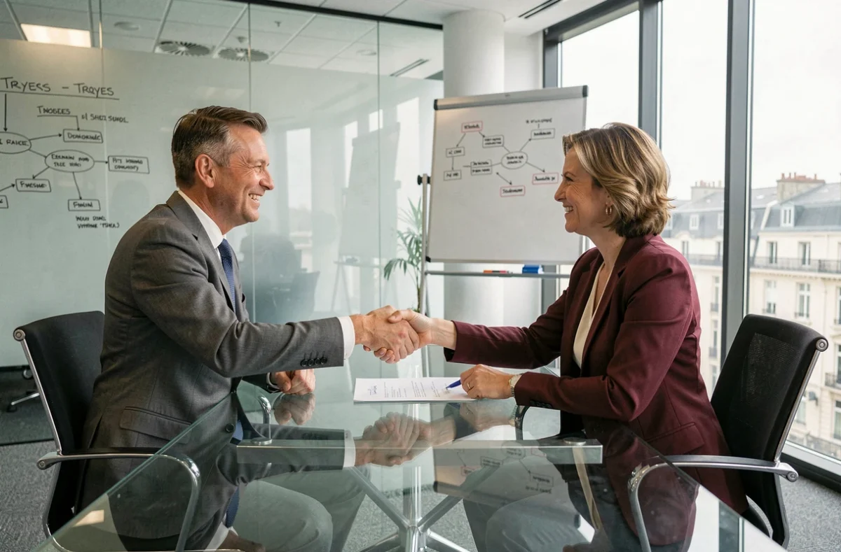 Réunion professionnelle entre un consultant en portage salarial et un responsable RH à Troyes