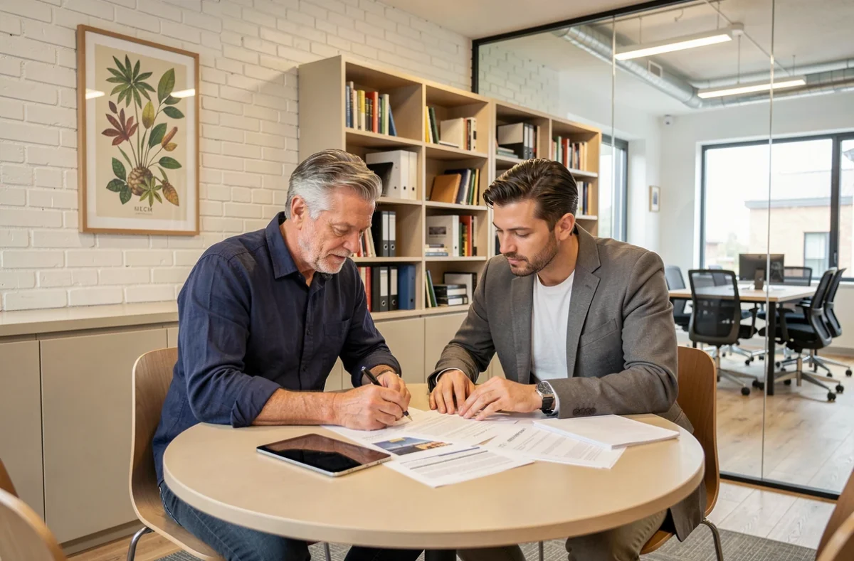 Deux professionnels en réunion dans un espace de coworking à Fontainebleau