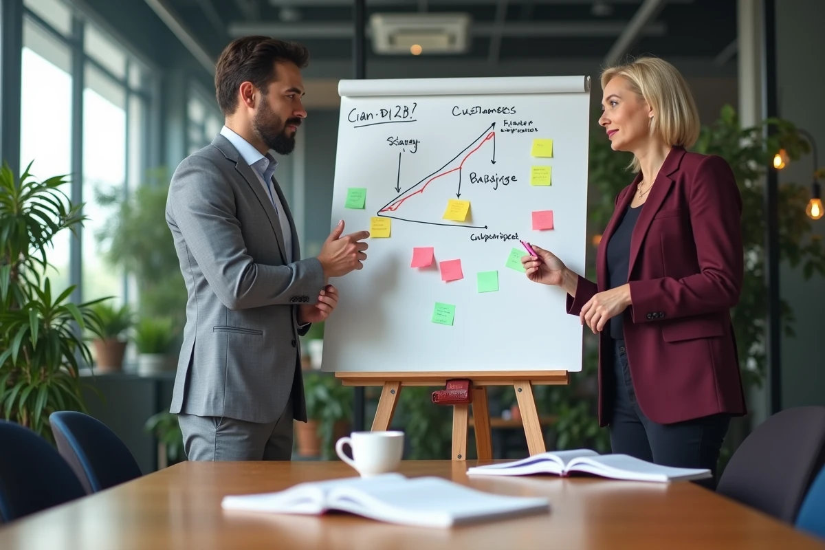 Deux professionnels discutant d'une stratégie B2B devant un tableau blanc dans une salle de réunion moderne
