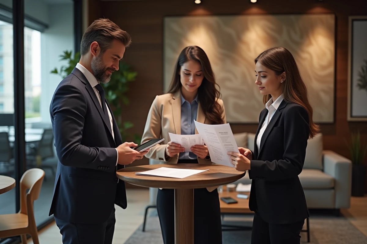 Groupe de professionnels analysant leurs contacts et planifiant le suivi après un événement de networking B2B dans un espace lounge corporate