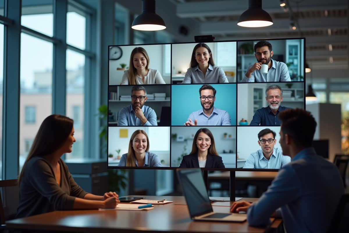 Équipe en visioconférence sur un grand écran dans un bureau lumineux