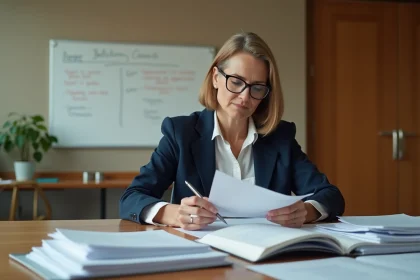 Femme en blazer marine révisant les statuts d'une association autour d'une table de réunion professionnelle
