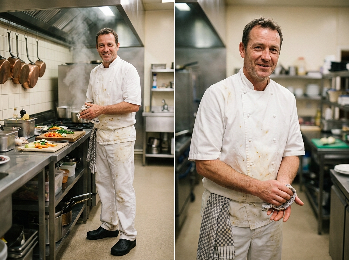 Chef cuisinier portant des sabots de travail antidérapants dans une cuisine professionnelle de restaurant