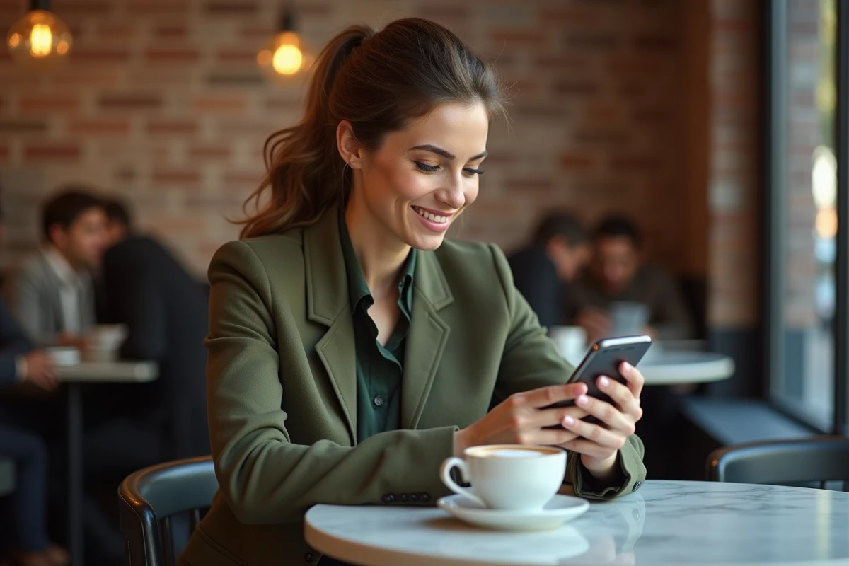 Jeune salariée accédant à son espace personnel Advango sur smartphone dans un café urbain