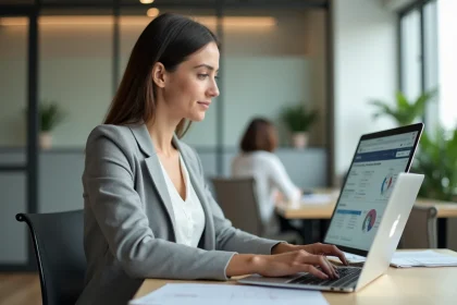 Salariée consultant son espace personnel Advango sur un ordinateur portable dans un bureau moderne en 2026