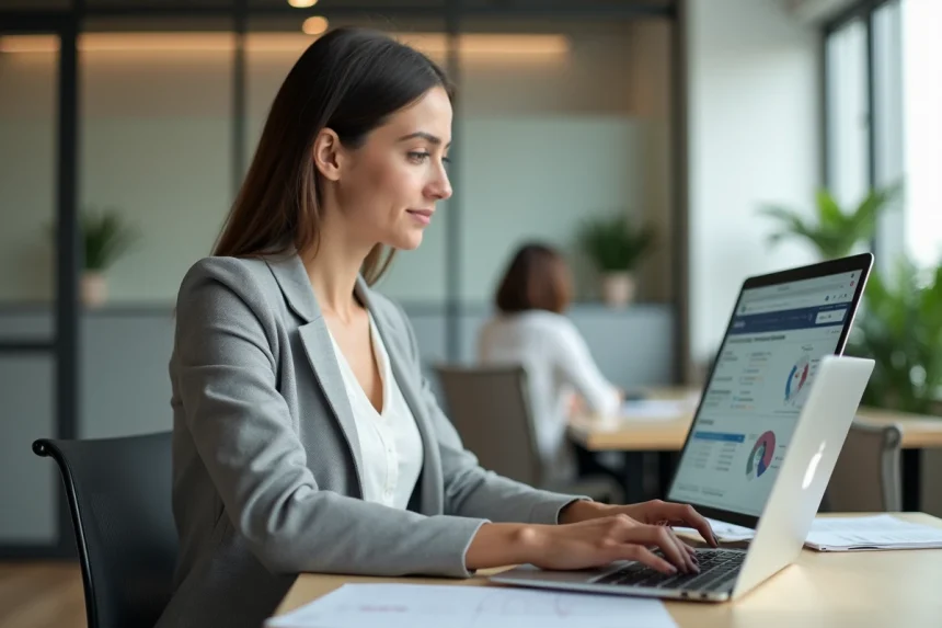 Salariée consultant son espace personnel Advango sur un ordinateur portable dans un bureau moderne en 2026