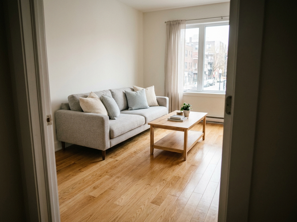 Salon propre et rangé d'un appartement vide prêt à être mis en location