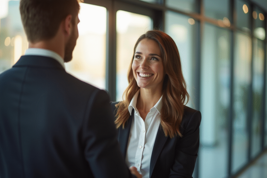 Femme d'affaires accueillant un client dans un bureau moderne