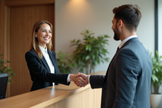 Femme en blazer saluant un jeune homme dans un hall d'entreprise