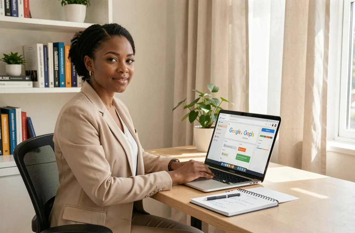 Sara El Gharbi, consultante Google Ads indépendante en Maine-et-Loire, travaillant sur une stratégie client depuis son bureau professionnel