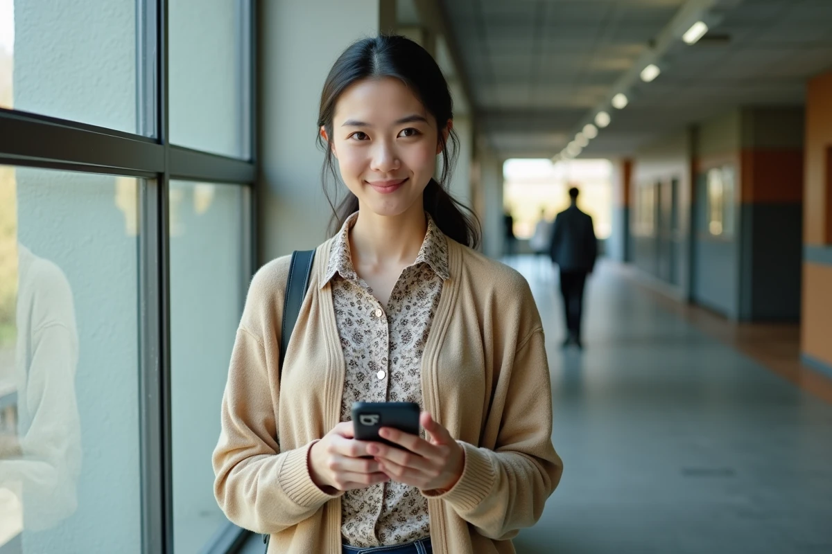 Jeune femme administrative tenant un calendrier numérique dans le couloir scolaire